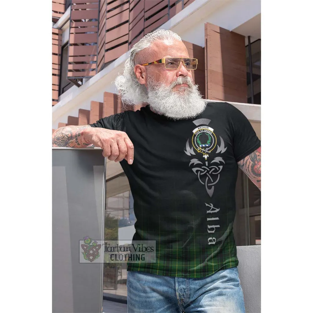 Arthur Tartan Cotton T-shirt Featuring Alba Gu Brath Family Crest Celtic Inspired