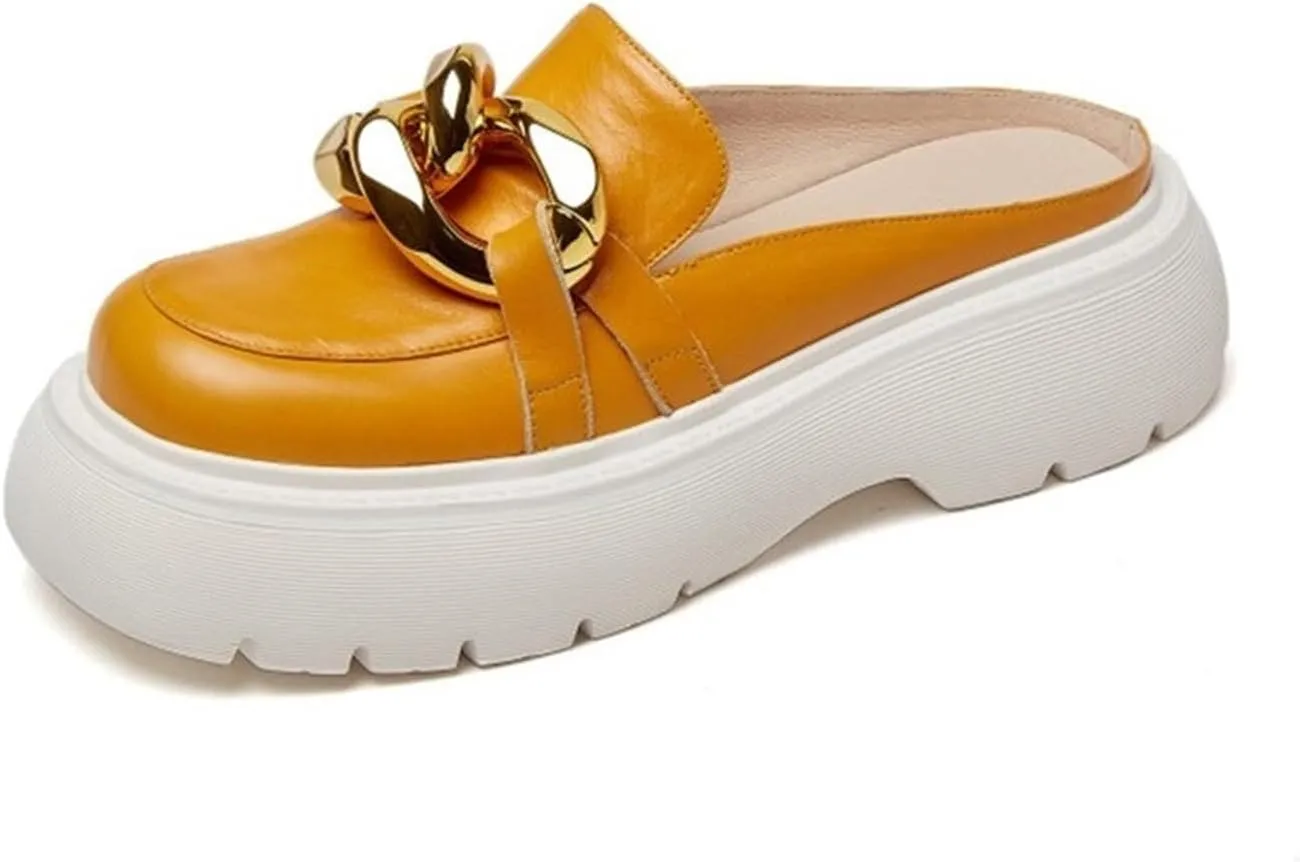 Loafers For Women Designer Metal Chain Genuine Leather Chunky Platform Heels Slides for Women - Stylish Summer & Spring Slippers