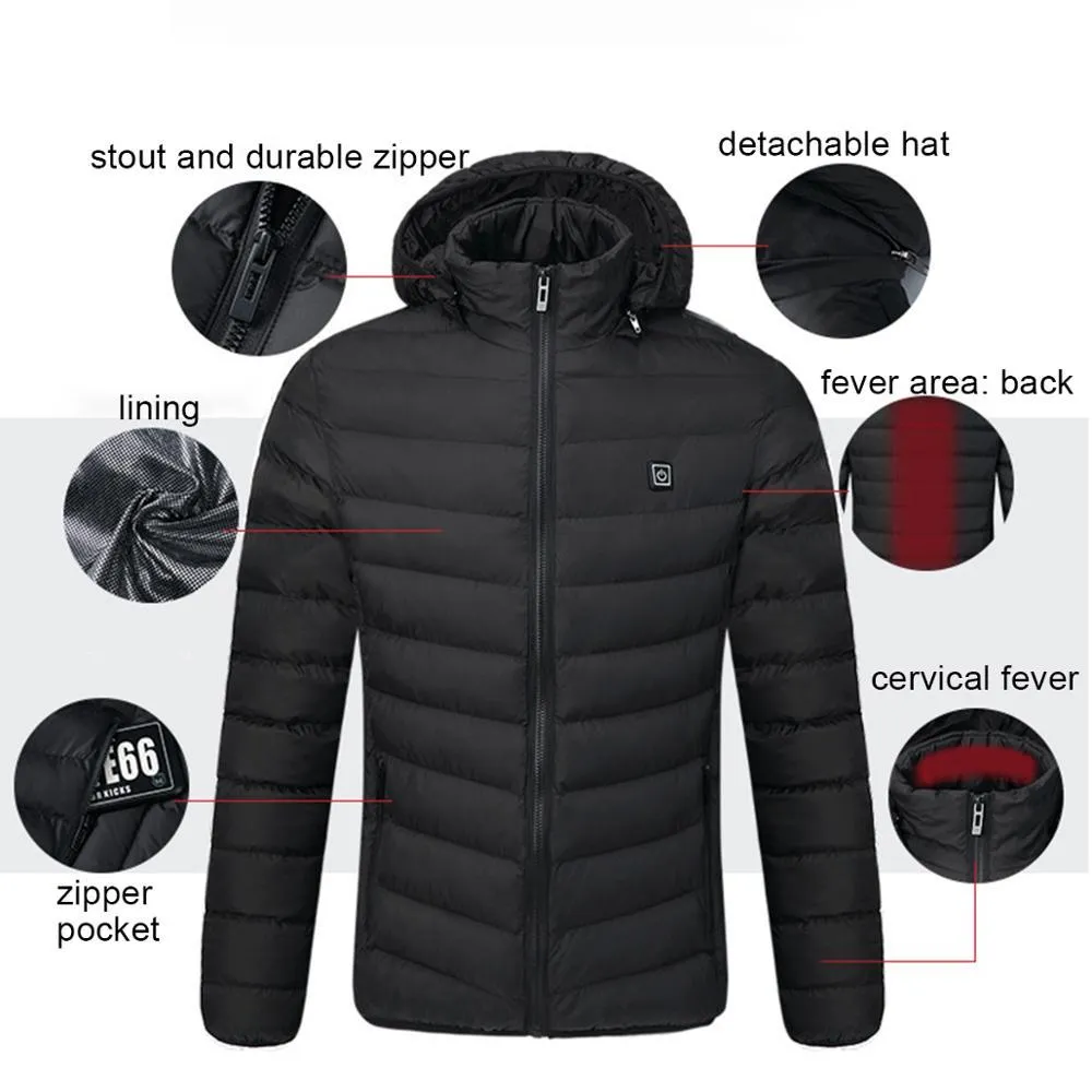 Men Winter Warm USB Smart Thermostat  Heated  Waterproof Hoodie Jacket