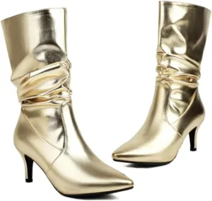 Women'S Leather Kitten Heel Mid-Calf Ankle Boots Fashion Stretch Pointed Toe Wrinkled Slip On Stiletto Heeleds Ankle Boots Leisure Comfort Parties Wedding Sexy Dress Booties