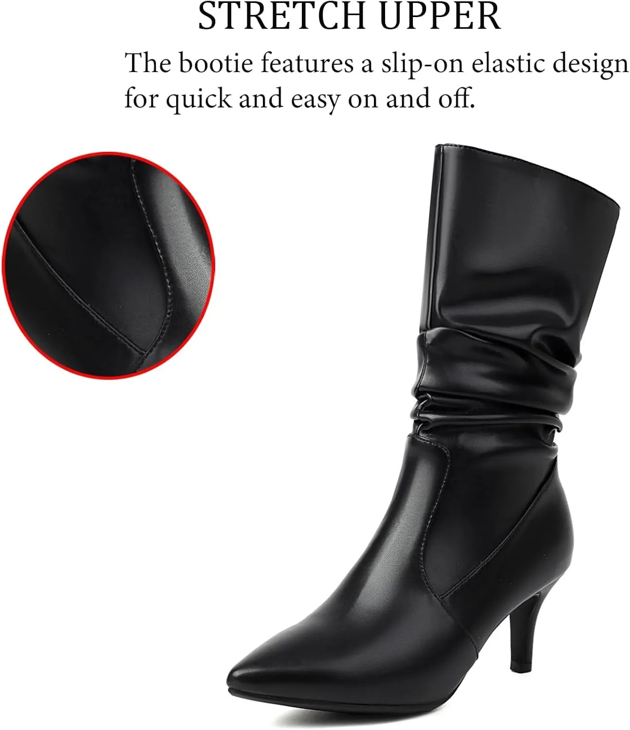 Women'S Leather Kitten Heel Mid-Calf Ankle Boots Fashion Stretch Pointed Toe Wrinkled Slip On Stiletto Heeleds Ankle Boots Leisure Comfort Parties Wedding Sexy Dress Booties